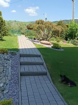 a black cat laying on the grass next to a walkway at Staś-przy szkole nr3 w Skawie in Skawa