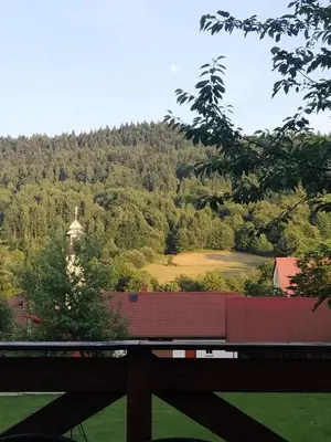 a view of a park with a church and a field at Leśny Domek in Las
