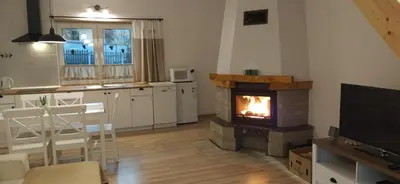 a living room with a fireplace and a kitchen at Leśny Domek in Las