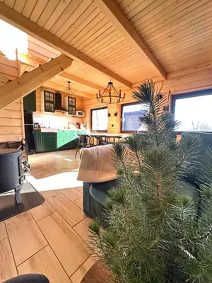 a living room with a christmas tree in the center at Chatki Osada Babia Raj Zawoja in Zawoja