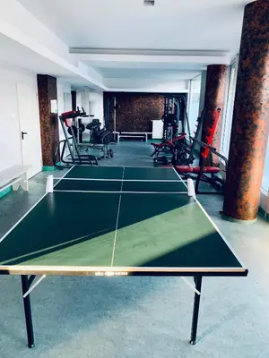 a ping pong table in a room with a gym at City view Wellness Apartment swim&steam&relax in Kraków