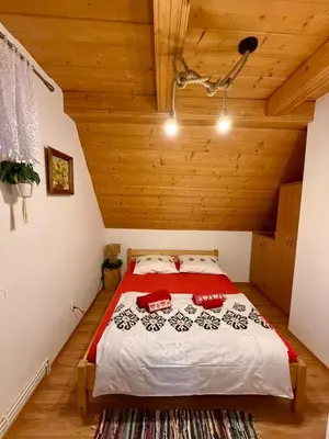 a bed in a room with a wooden ceiling at Agroturystyka Pod Modrzewiem in Zubrzyca Górna