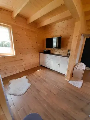 a living room with a tv in a wooden cabin at Słodki Zakątek Spa Jacuzzi&Sauna in Sobolów