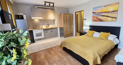 a bedroom with a large bed and a kitchen at Cozy modern Apartment SUNRISE studio 35m2 balcony 3 persons in Kraków