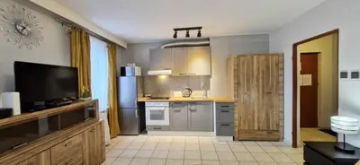 a kitchen with a television and a counter top at Cozy modern Apartment SUNRISE studio 35m2 balcony 3 persons in Kraków