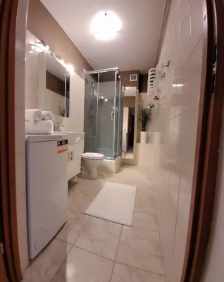 a bathroom with a shower and a sink and a toilet at Cozy modern Apartment SUNRISE studio 35m2 balcony 3 persons in Kraków
