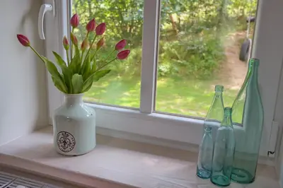 three bottles and a vase with flowers on a window sill at Morowo chałupa in Czchów