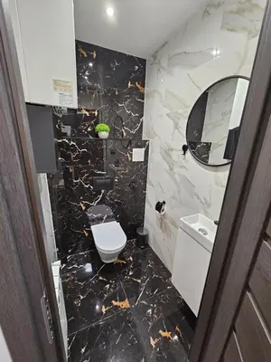 a bathroom with a toilet and a sink and a mirror at Apartamenty Lenart in Kraków