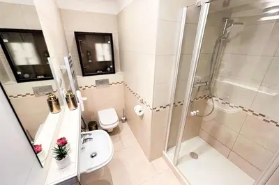 a bathroom with a shower and a toilet and a sink at Exclusive PENTHOUSE near CityCenter 120m2 +NETFLIX in Kraków