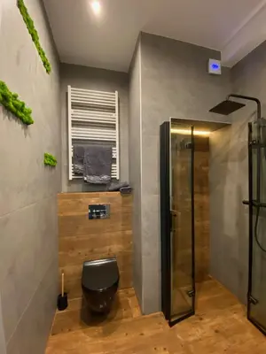 a bathroom with a shower and a toilet at Apartament z jacuzzi in Kraków