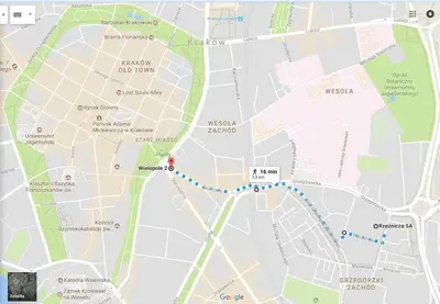 a map of a city with a blue line at Big Cosy RETRO Apt, FREE PARKING, 15min OldTown & Kazimierz - by Homelike Krakow in Kraków