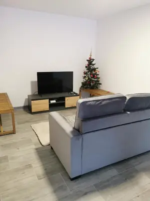 a living room with a couch and a christmas tree at Domek na Niedźwiedziarce in Zawoja