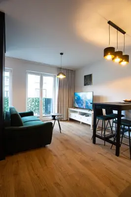 a living room with a couch and a table at Krakow Centrum Sunny Apartment Lwowska 10 in Kraków