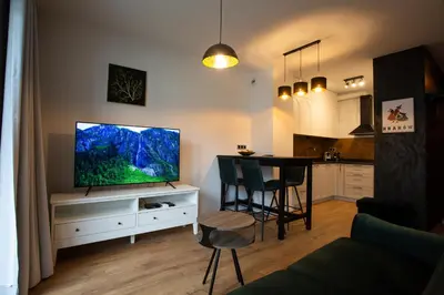 a living room with a flat screen tv on a white cabinet at Krakow Centrum Sunny Apartment Lwowska 10 in Kraków