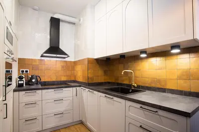 a kitchen with white cabinets and a sink at Krakow Centrum Sunny Apartment Lwowska 10 in Kraków