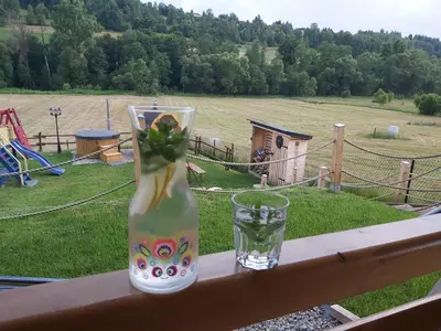 a vase and a glass on a railing with a field at Domek pod Hajdówką in Jordanów