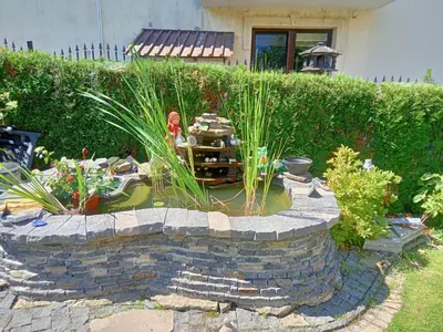 a garden with a small pond in a yard at POD RÓŻĄ in Kasina Wielka