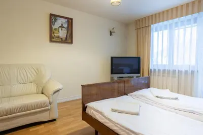 a bedroom with a bed and a couch and a television at Apartamenty w Gorcach in Nowy Targ