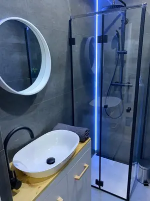 a bathroom with a sink and a glass shower at Petit Appartement in Kraków