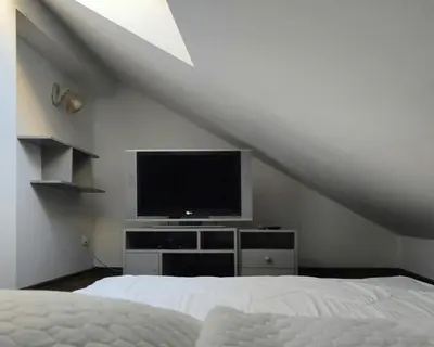 a bedroom with a bed and a television in a attic at Apartament Winnica in Kraków