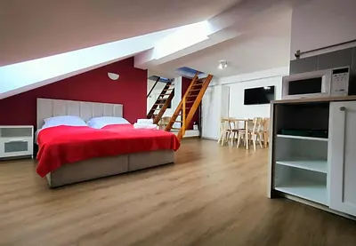 a bedroom with a bed with a red wall at Apartament Winnica in Kraków