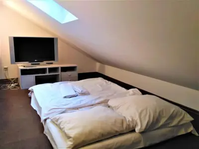 a bedroom with a bed and a television in a attic at Apartament Winnica in Kraków