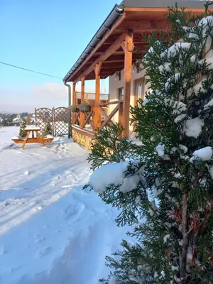 a log cabin in the snow with a tree at POD STARĄ PODKOWĄ komfortowy domek z kominkiem in Limanowa