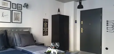 a bedroom with a bed and a black cabinet at Fly_to_Cracow_14 in Kraków