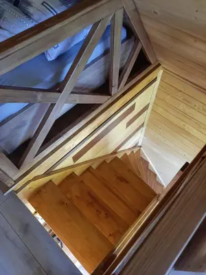an overhead view of a wooden ceiling in a house at Domki- Limanowa, domki z balią i sauną in Limanowa