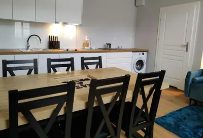 a kitchen with a table and chairs and a kitchen with a sink at Hugo VIP Apartments in Kraków