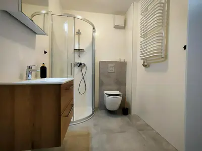 a bathroom with a shower and a toilet at Hugo VIP Apartments in Kraków