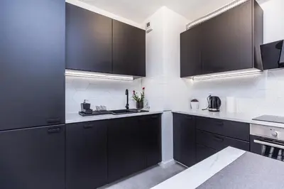 a black and white kitchen with black cabinets at Cloud9 - Barska 69 in Kraków