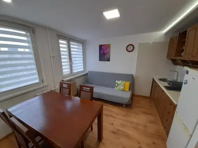 a kitchen and living room with a table and a couch at Apartament 44 in Wadowice