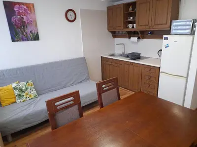 a small bathroom with a toilet and a shower at Apartament 44 in Wadowice