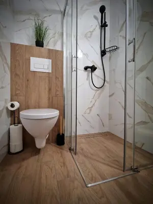 a bathroom with a toilet and a glass shower at Bulwary Mszańskie - Pokoje in Mszana Dolna