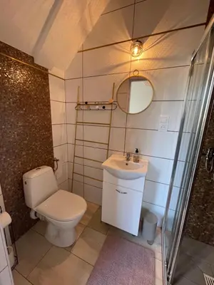 a bathroom with a toilet and a sink and a mirror at Domek z Widokiem Na Bliżniaki in Chocznia