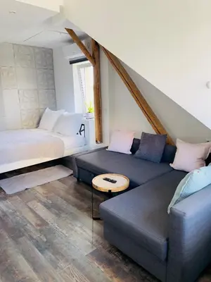 a bedroom with a bed and a couch and a tv at Apartament Bronowice in Kraków