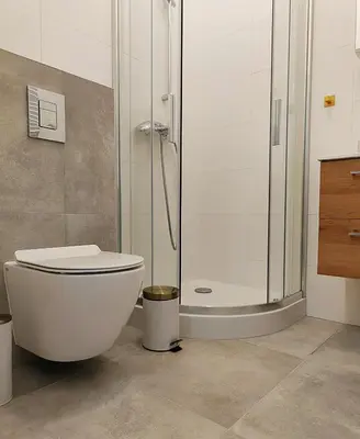 a bathroom with a toilet and a shower at Hugo Star Apartments in Kraków