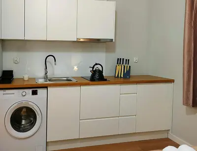 a kitchen with a sink and a washing machine at Hugo Star Apartments in Kraków