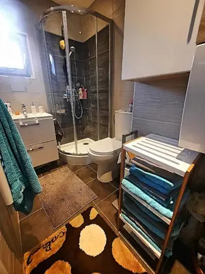 a bathroom with a shower and a toilet and a rug at Chata Panorama in Stróża