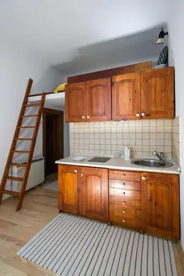 a kitchen with a sink and wooden cabinets and a ladder at Sekretne gniazdko w tajemniczym ogrodzie in Kraków