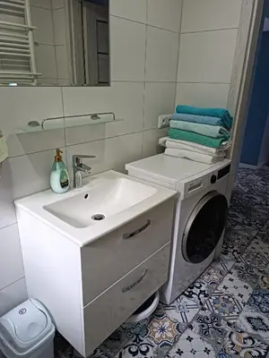 a bathroom with a sink and a washing machine at Apartament Kristel Zator in Podolsze
