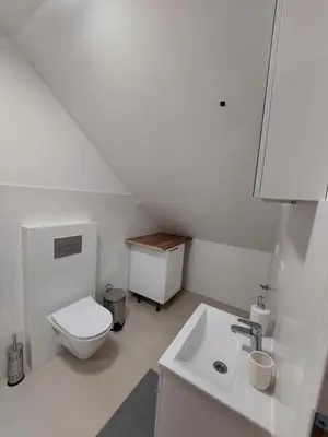 a white bathroom with a toilet and a sink at Pokoje Kraków Tyniec Hostel in Kraków