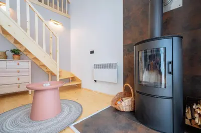a room with a fireplace with a dog on the tv at Beskidzkie Super Stodoły in Zawoja
