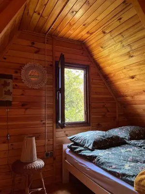 a bedroom with a bed in a wooden cabin at Izdebka na Podchybiu in Izdebnik