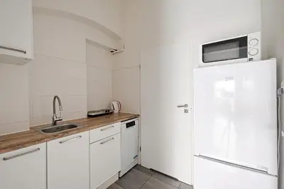 a white kitchen with a refrigerator and a sink at Urban Nest Apartments Party Szewska21 in Kraków