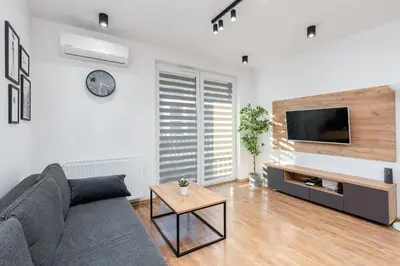 a living room with a gray couch and a tv at Romanowicza Elegant Place in Kraków