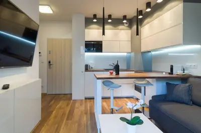 a kitchen and living room with a bar and a couch at Cozy apartment with garden prestigious location in Kraków