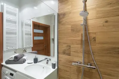 a bathroom with a sink and a shower at Cozy apartment with garden prestigious location in Kraków
