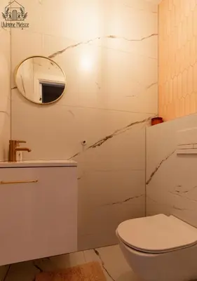 a bathroom with a white toilet and a mirror at ULUBIONE MIEJSCE ZATOR in Zator